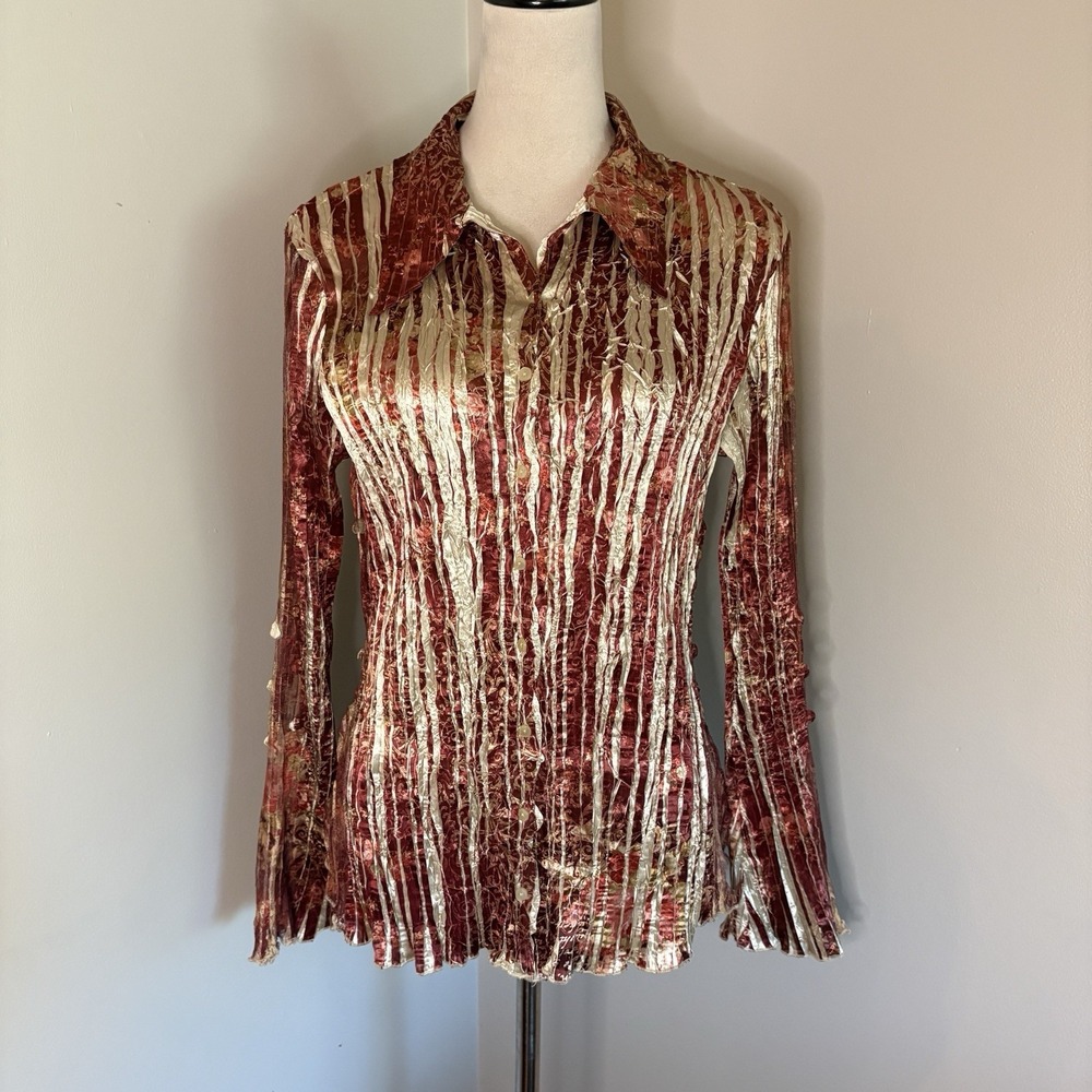 Komarov Pleated Crinkle Blouse Lace Large EUC Metallic Stripe Red Gold Y2K VTG